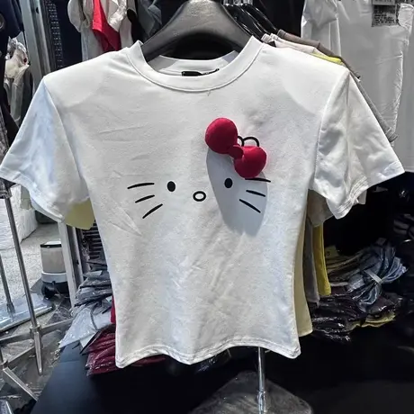 韩国东大门25夏季新款卡通图案立体蝴蝶结修身短款垫肩短袖T恤女商品大图