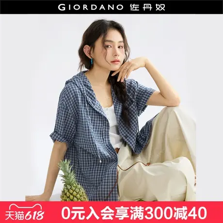 设计师款佐丹奴衬衫夏季新款复古文艺格纹连帽短袖衬衣女18345905图片