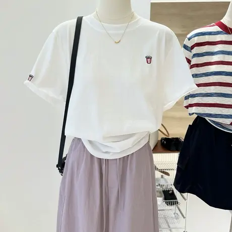 雪花棉韩系简约刺绣小众宽松显瘦彩色条纹白色短袖打底衫T恤女商品大图