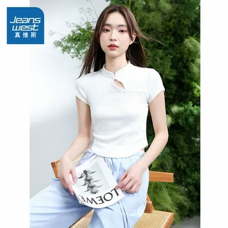 KMV真维斯白色中式修身短袖2025夏季款独特好看休闲松弛女款上衣商品大图