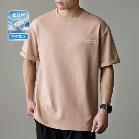 薄款冰丝棉凉感短袖T恤男士2025夏季新款宽松大码字母刺绣体恤衫商品大图
