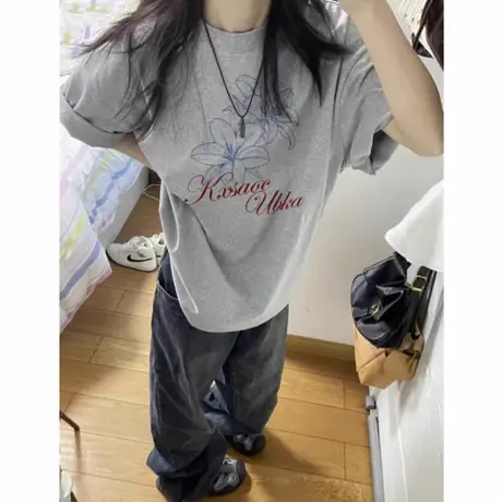 纯棉夏季短袖t恤女2025新款爆款简约设计感小众美式宽松半袖上衣商品大图