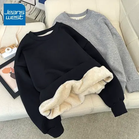 KV真维斯加绒加厚羊羔绒圆领卫衣女秋冬灰色外套头小个子纯色上衣商品大图