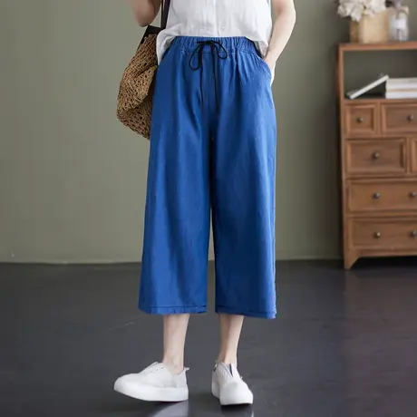 七分裤女夏季新款大码高腰宽松休闲裤中年妈妈直筒冰丝薄款阔腿裤商品大图