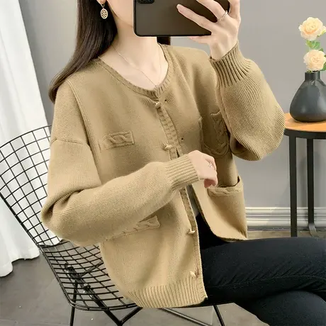 圆领宽松针织开衫秋装女2023年新款外搭长袖口袋女装推荐外套上衣图片