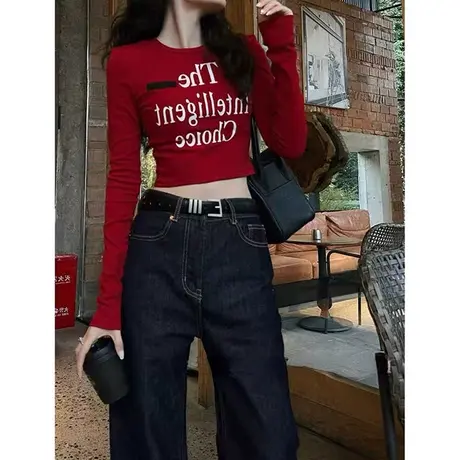 美式复古正肩红色长袖t恤女春秋修身短款辣妹纯欲紧身打底衫上衣商品大图