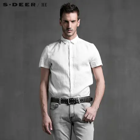 sdeerhe圣迪奥男装基础舒适时尚纯色亚麻绣花线短袖衬衫H15270441图片