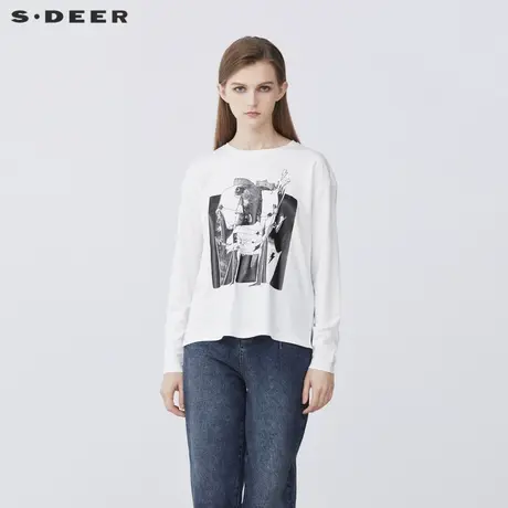 sdeer圣迪奥女装春秋装圆领抽象印花开衩打底长袖T恤S21360201图片