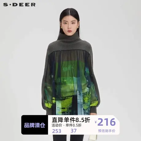 sdeer圣迪奥女装高领网纱晕染灯笼袖针织衫S224Z3590图片