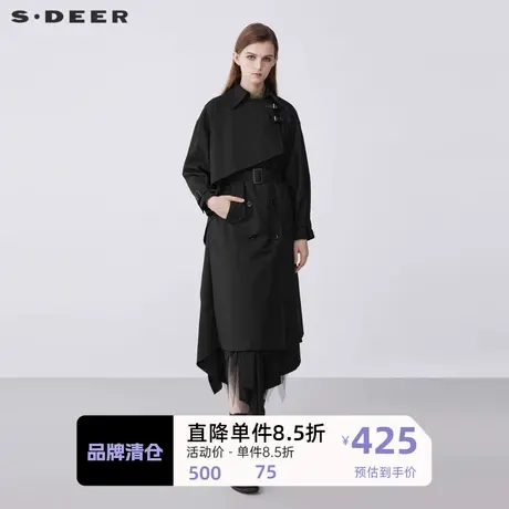 sdeer圣迪奥女装休闲翻领拼接收腰双排扣长款风衣S21381805图片