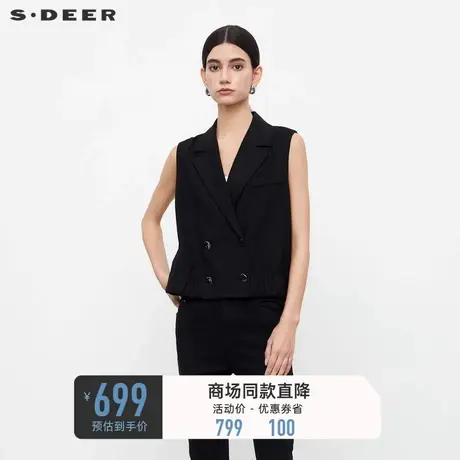 sdeer圣迪奥女装西装领双排扣拼接无袖马甲S23381602🌙商品大图