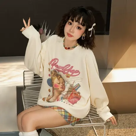 YEP美式复古印花圆领卫衣女春秋2025年新款爆款套头宽松无帽上衣商品大图