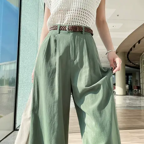 绿色亚麻阔腿裤女春秋新款高腰显瘦棉麻料宽松休闲八九分直筒裤子图片