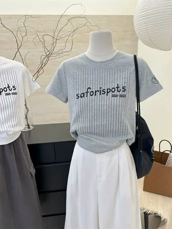 灰色短款t恤女夏季竖条纹印花修身显瘦辣妹短袖小众小个子上衣服商品大图