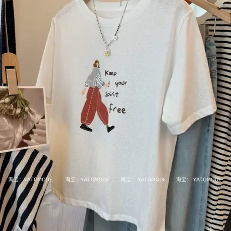 2025夏季人物印花雪花棉T恤女圆领正肩短袖宽松打底衫百搭上衣潮商品大图