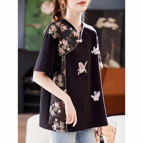 宝诗黎新中式提花钉珠短袖T恤2025夏季休闲棉质百搭盘扣国风上衣商品大图