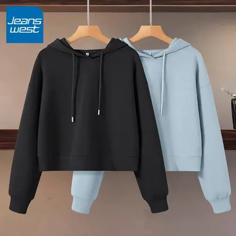 KV真维斯黑色连帽卫衣女2025新款春秋季宽松短款百搭小个子上衣女商品大图