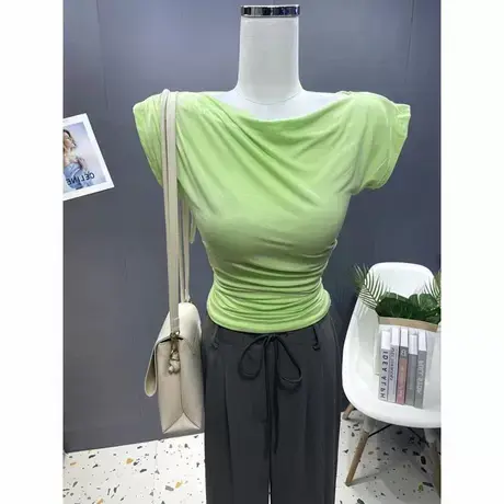 软糯质感～性感露肩一字领短袖T恤女夏季修身百搭不规则显瘦上衣图片