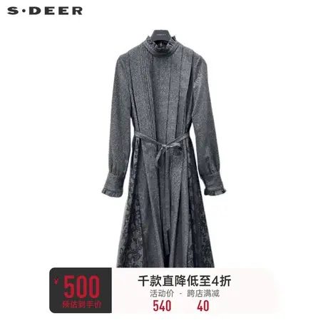 sdeer圣迪奥女装木耳边圆领收腰网纱提花连衣裙S241Z1236商品大图