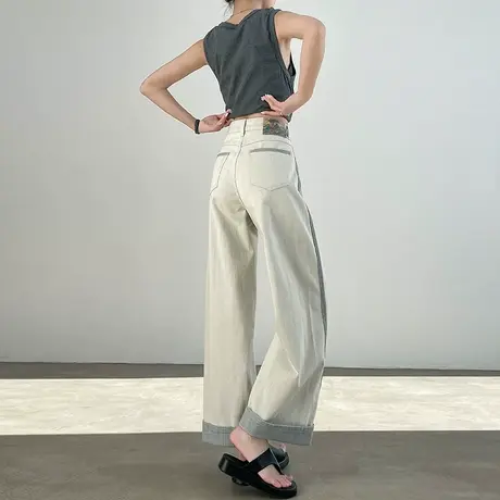 设计感拼接撞色牛仔裤女春秋新款宽松垂感直筒奶白色九分阔腿裤子商品大图