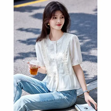 时尚气质短袖衬衫2025年夏季百搭简约刺绣减龄温柔优雅衬衫上衣商品大图