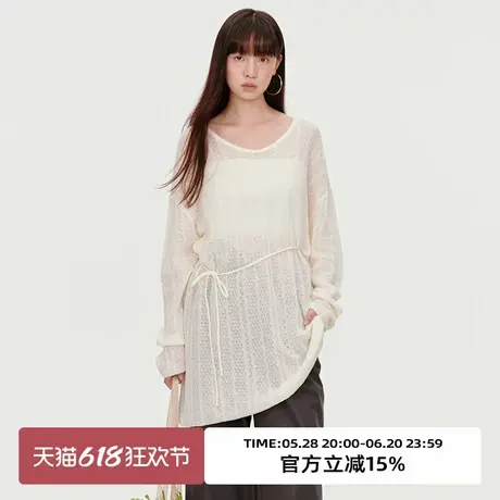 omont蛋挞家 复古蕾丝镂空针织罩衫2025春季圆领收腰显瘦长袖上衣商品大图