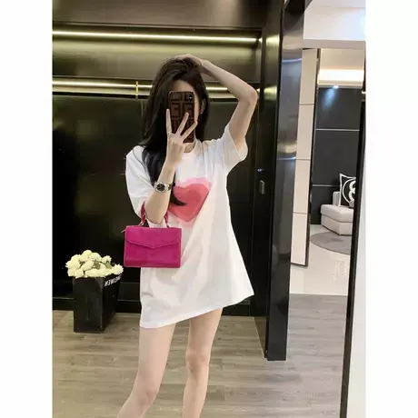 纯棉短袖t恤女2025新款设计感小众时尚宽松中长款白色大版上衣服图片
