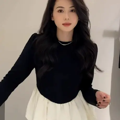 女装撤柜尾货大码女春秋德绒圆领长袖t恤撞色拼接洋气一字肩上衣商品大图