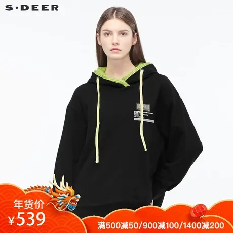 sdeer圣迪奥女酷感休闲字母印胶创意拼接连帽上衣S18482291图片