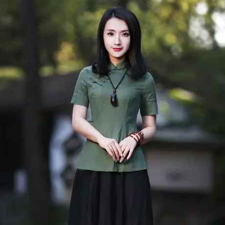 筠雅旗袍式上衣唐装女中国风佛系女装年轻款茶服复古中式盘扣茶服商品大图