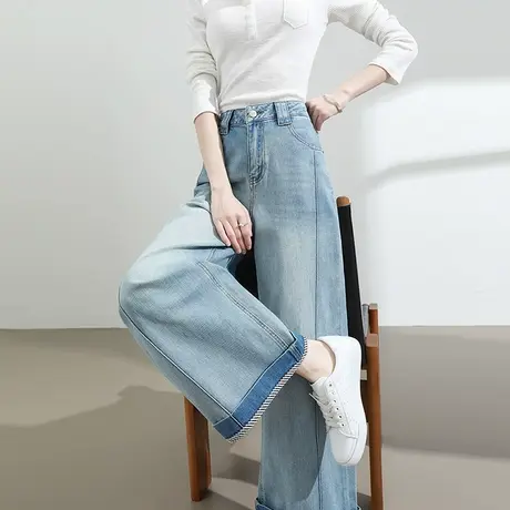 卷边复古条纹阔腿牛仔裤女夏季薄款裤子高腰显瘦宽松浅蓝色直筒裤商品大图