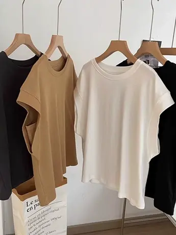 纯棉飞飞袖T恤女2024夏季新款宽松百搭纯色小众设计感无袖上衣服图片