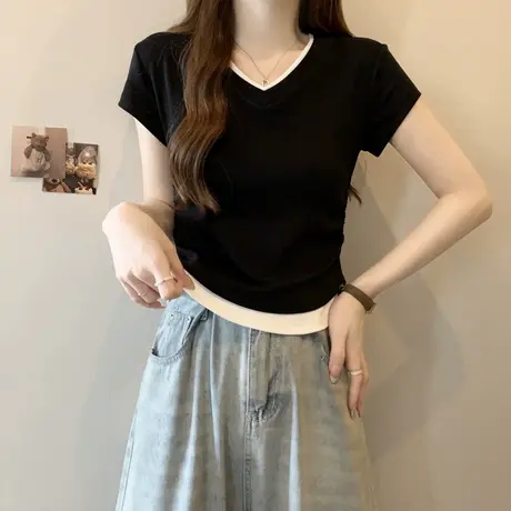 辣妹甜飒风V领正肩短袖T恤女夏季内搭修身小衫短款假两件半袖上衣商品大图