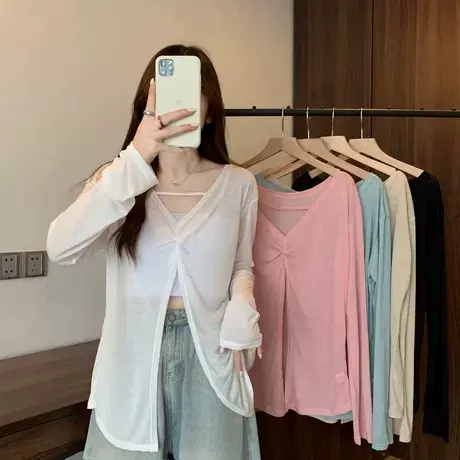 2025春夏季新款防晒罩衫穿搭V领长袖t恤女薄款宽松冰丝空调衣衫图片
