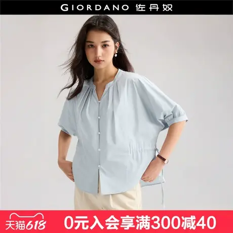 设计师款佐丹奴淡人穿搭纯棉绑带宽松V领蝙蝠袖衬衫女夏18345204图片