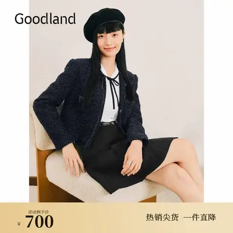 Goodland美地秋季蝴蝶纱小香风休闲粗花呢短外套图片