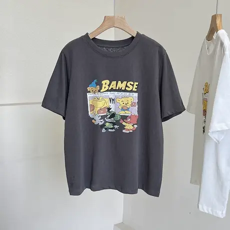 韩版卡通小熊印花短袖T恤女夏季新款宽松百搭雪花棉透气薄款上衣商品大图