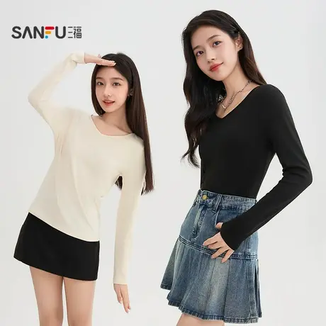 三福长T恤2025冬季V领设计薄绒内里保暖打底上衣女装503953商品大图