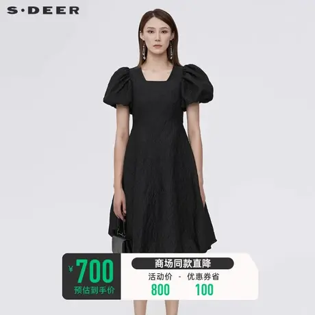 sdeer圣迪奥女装泡泡袖连衣裙夏装甜美方领肌理黑色长裙S22281237🎊商品大图