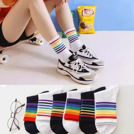 女袜中筒袜短袜糖果色吃色彩的袜子彩色eat rainbow socks彩虹袜图片