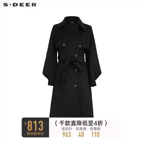 sdeer圣迪奥女装翻领双排扣收腰毛呢长款大衣S233Z2515🕠商品大图