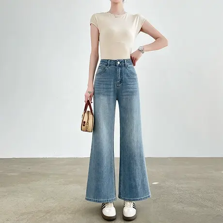 浅蓝色满天星烫钻阔腿微喇牛仔裤女夏季薄款高腰宽松不贴腿喇叭裤商品大图