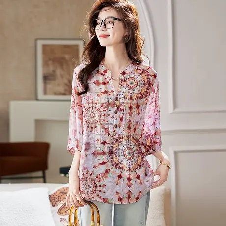宝诗黎七分袖亮丝印花雪纺衫女2025春季宽松洋气薄款烫钻休闲小衫图片