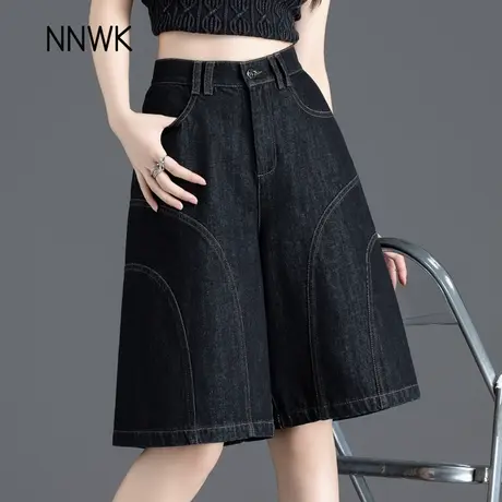 美式高街黑色牛仔短裤女2025新款夏日ootd穿搭五分裤阔腿a字中裤商品大图