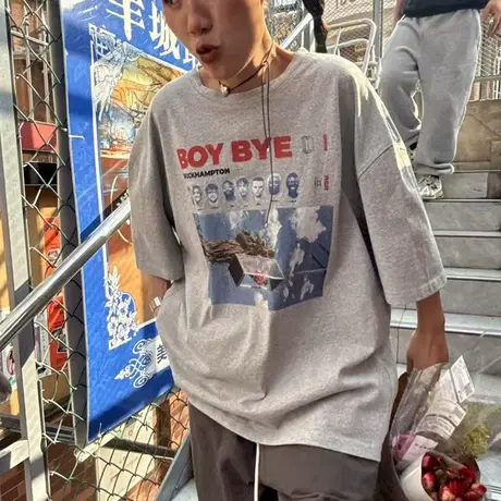 韩国2025夏季新款纯棉高克重复古字母印花洗水T恤女短袖上衣潮图片