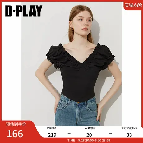 DPLAY2025年夏季新款黑色上衣女短款独特修身法式气质短袖小衫商品大图