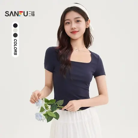 三福短T恤2025夏季露背蝴蝶结绑带时尚圆领上衣女装503502图片