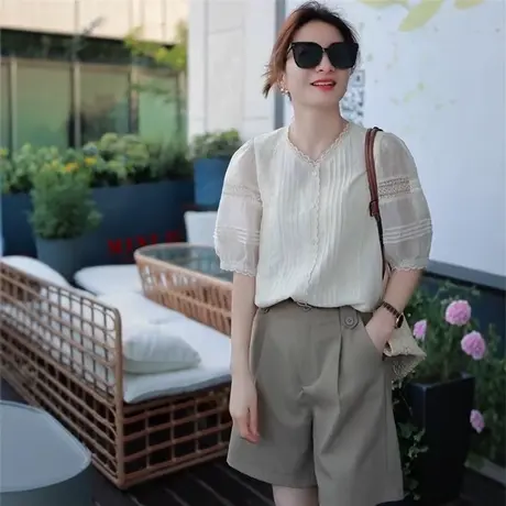 镂空刺绣短袖衬衫女薄款夏季2025新款设计感小个子法式泡泡袖上衣商品大图