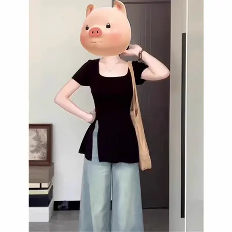 黑色u领短袖t恤女2025新款夏季设计感小众修身显瘦不规则开叉上衣图片