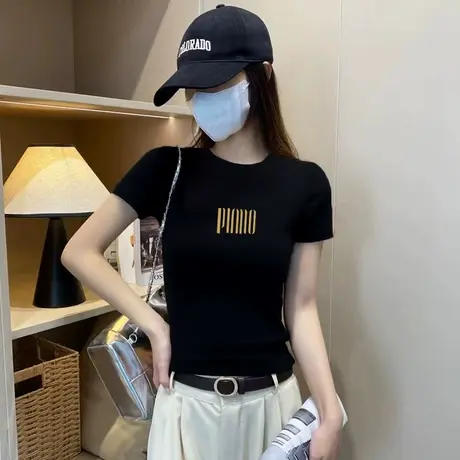 黑色纯欲显瘦正肩圆领短袖t恤女夏季时尚性感辣妹修身收腰上衣女图片